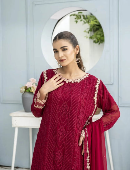 Red Embellished Chiffon