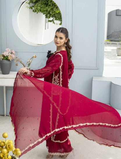 Red Embellished Chiffon