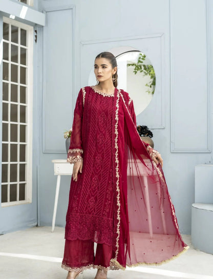 Red Embellished Chiffon