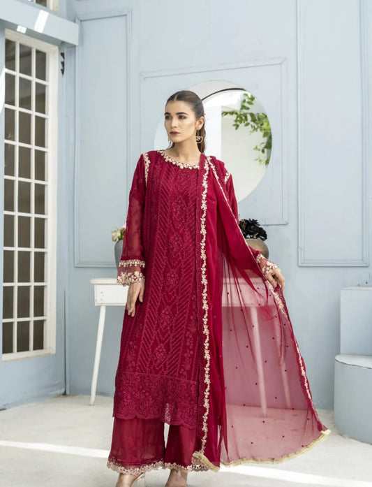 Red Embellished Chiffon